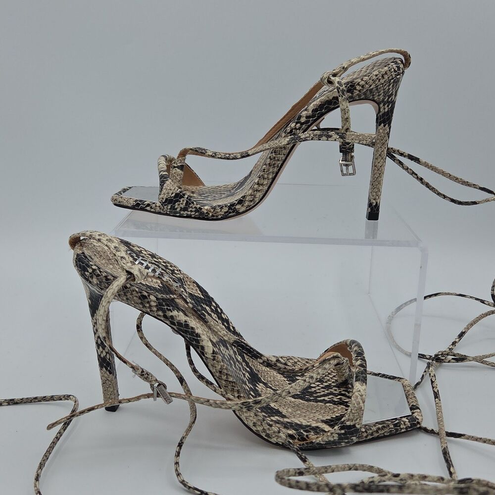 Schutz Vikki Snakeskin Leather Lace Up Heeled Sandals Square Toe Womens Size 6.5